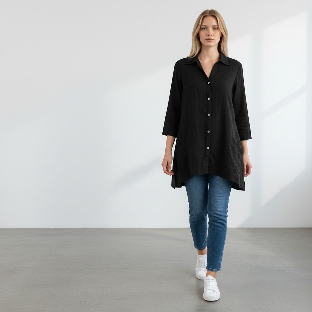 Fridaze Linen Button‎ Down Tunic Women XS Black Asymmetrical Hem Pockets